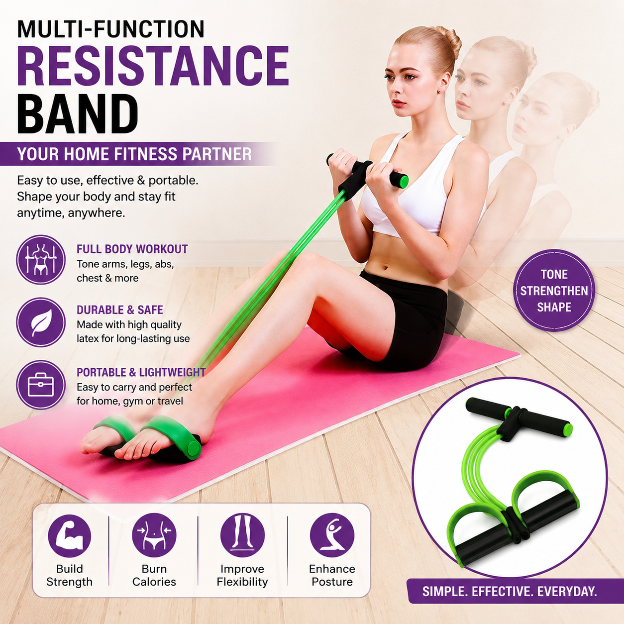 Multi-Function Pedal Resistance Band with Handles | Portable Home Workout